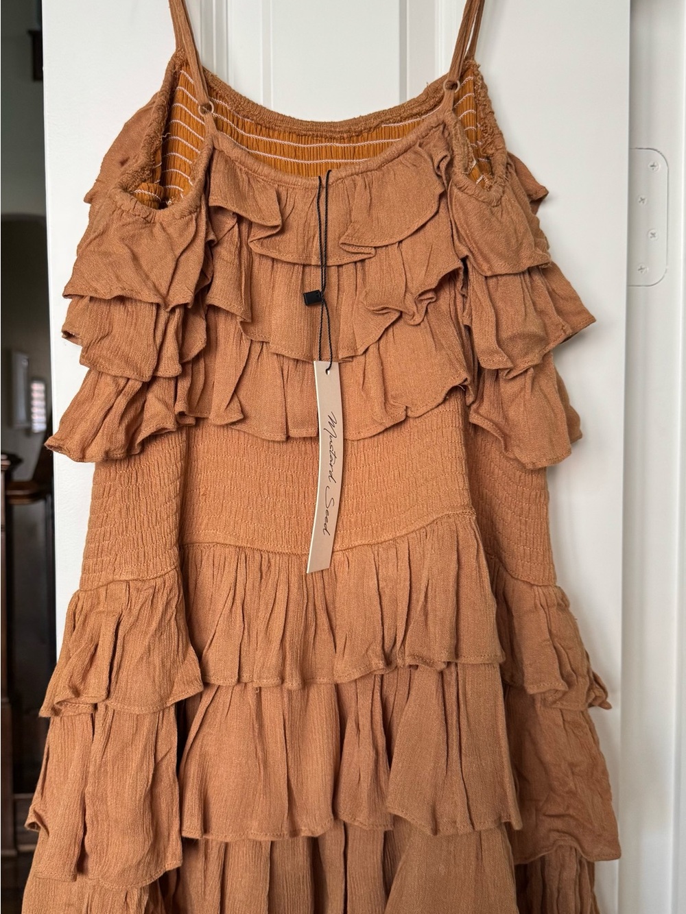 Mustard Seed Ruffled Mini Shorts in Camel Brown